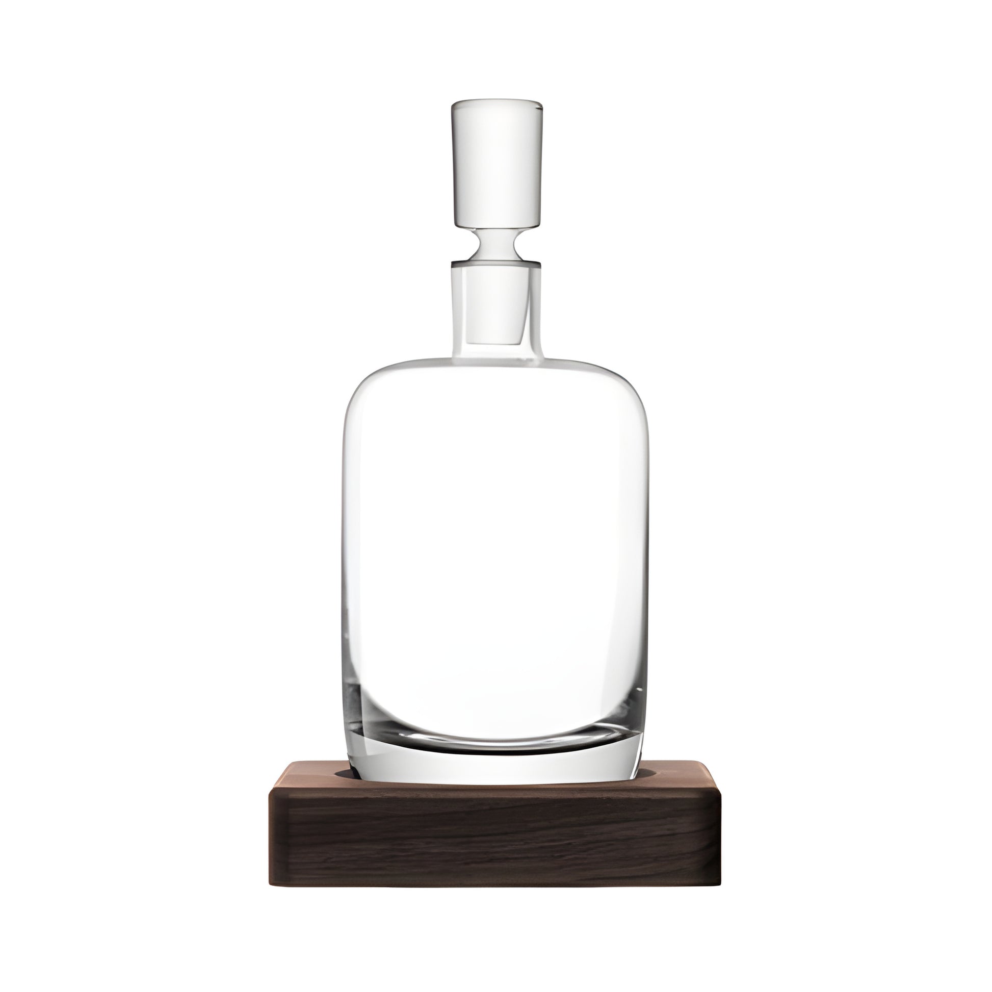 Modern glass decanter with wooden base for serving beverages.