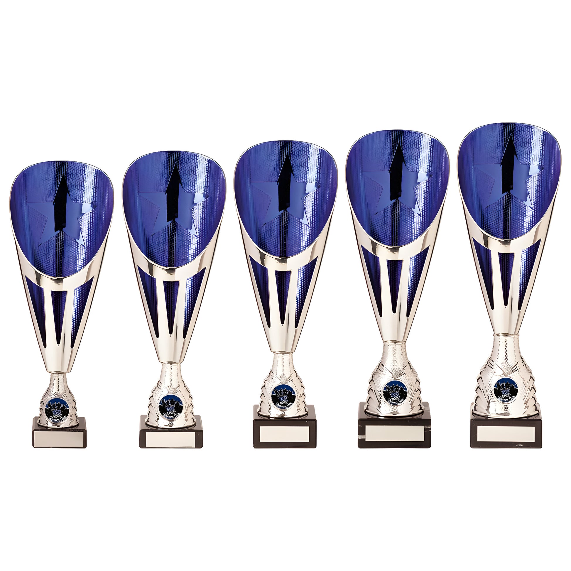 Set of five silver and blue trophies with star design on a white background.