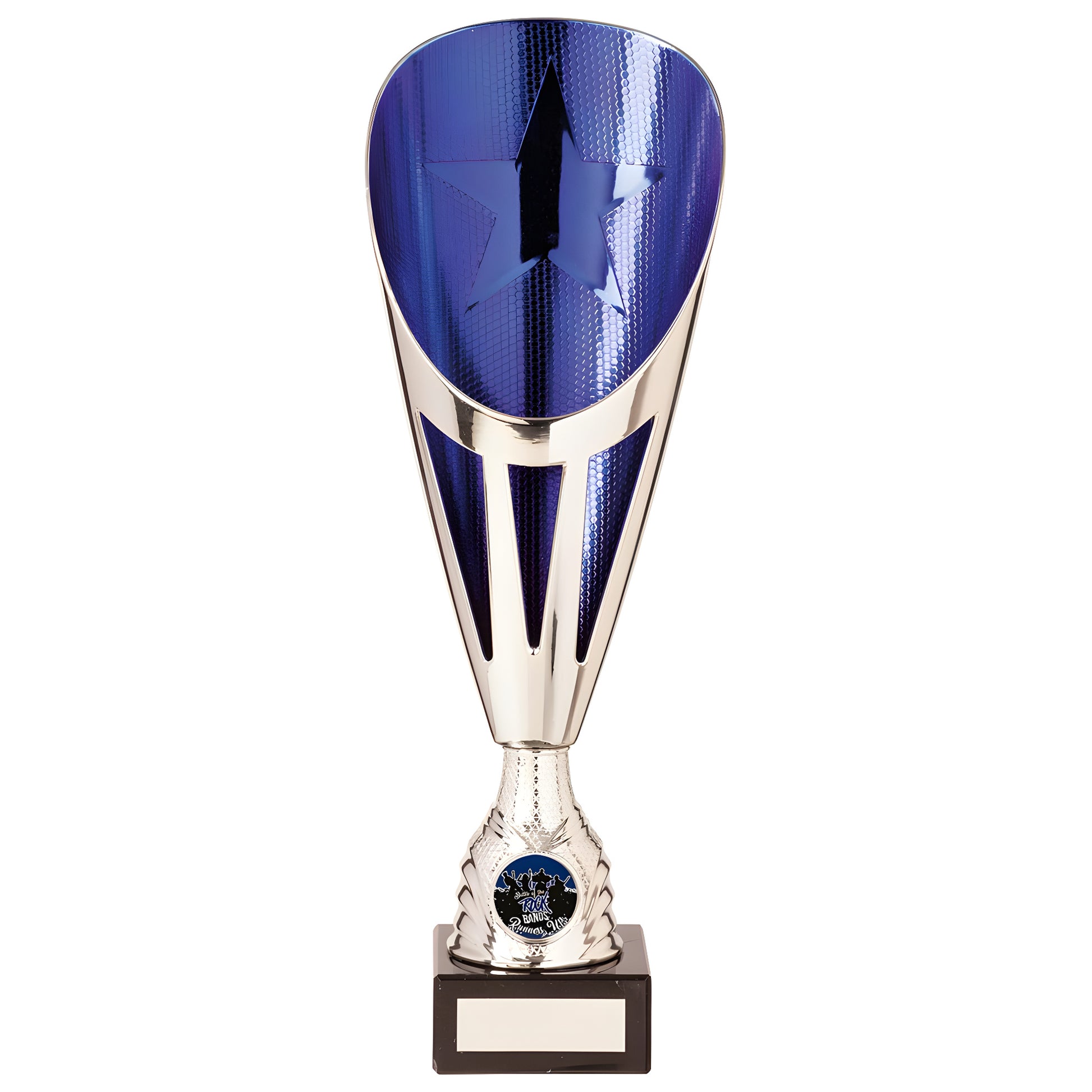 Silver and blue trophy cup with star design on black base.