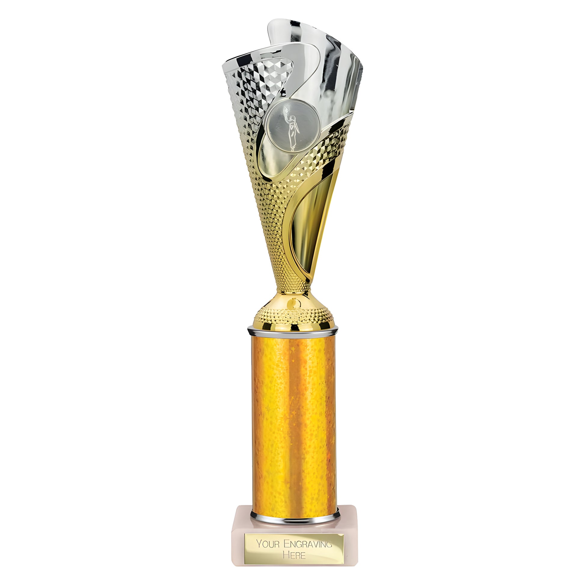 Silver and gold trophy cup with custom engraving option on marble base.