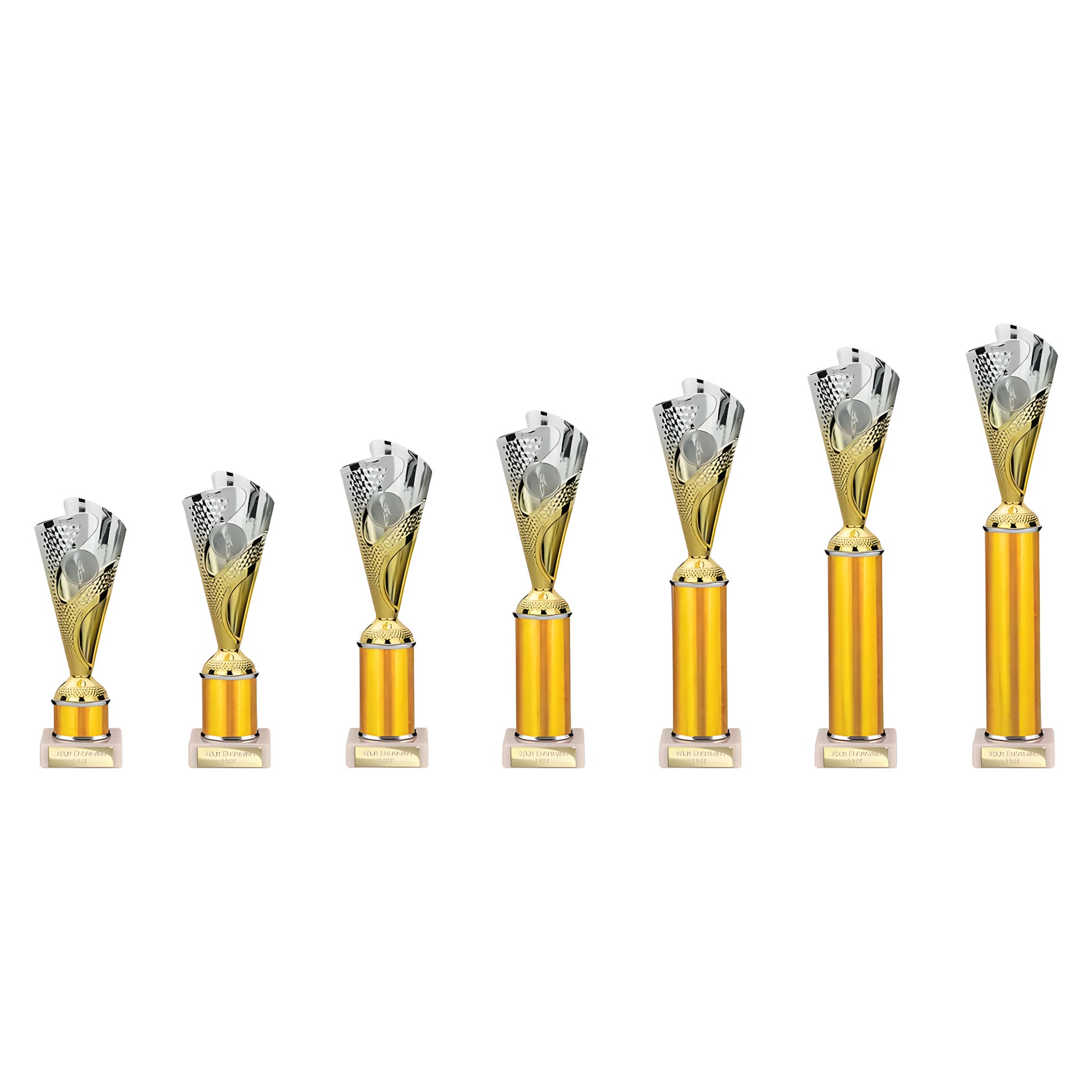 Set of seven silver and gold multisport trophy cups on white background.