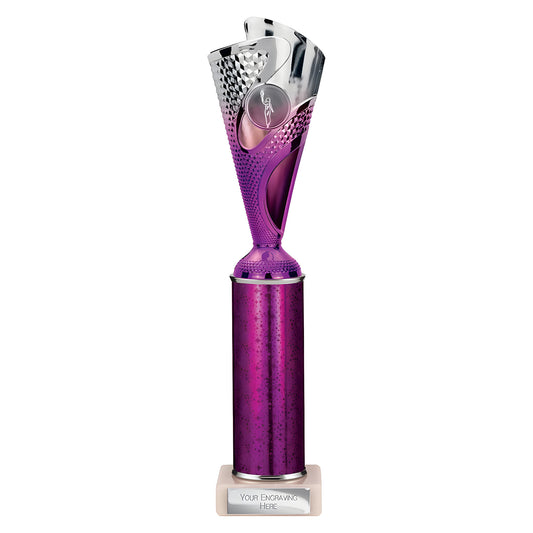Silver and purple metallic sports trophy with customizable engraving plate.