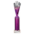 Silver and purple metallic sports trophy with customizable engraving plate.