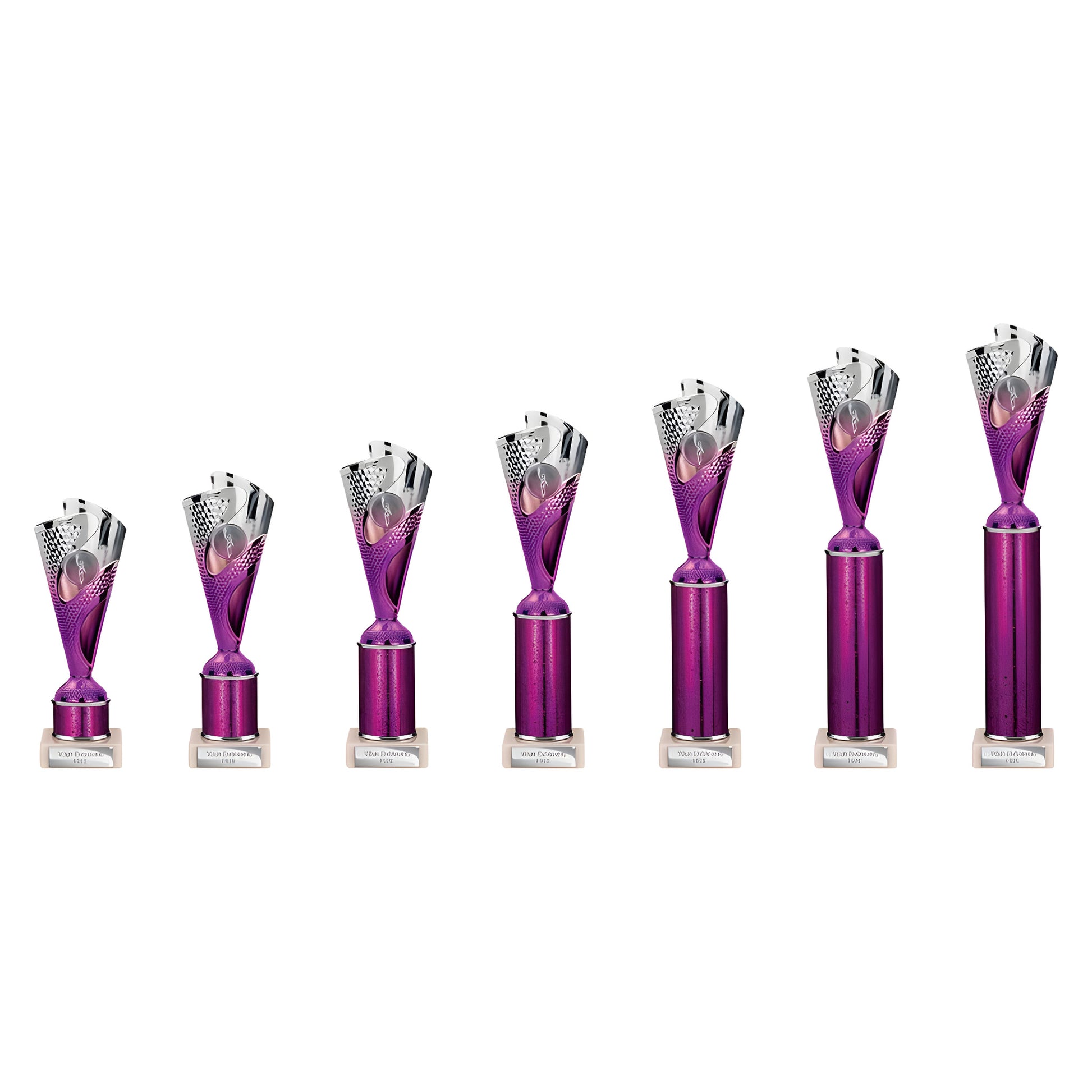 Set of silver and purple tube trophies in ascending sizes on a white background.