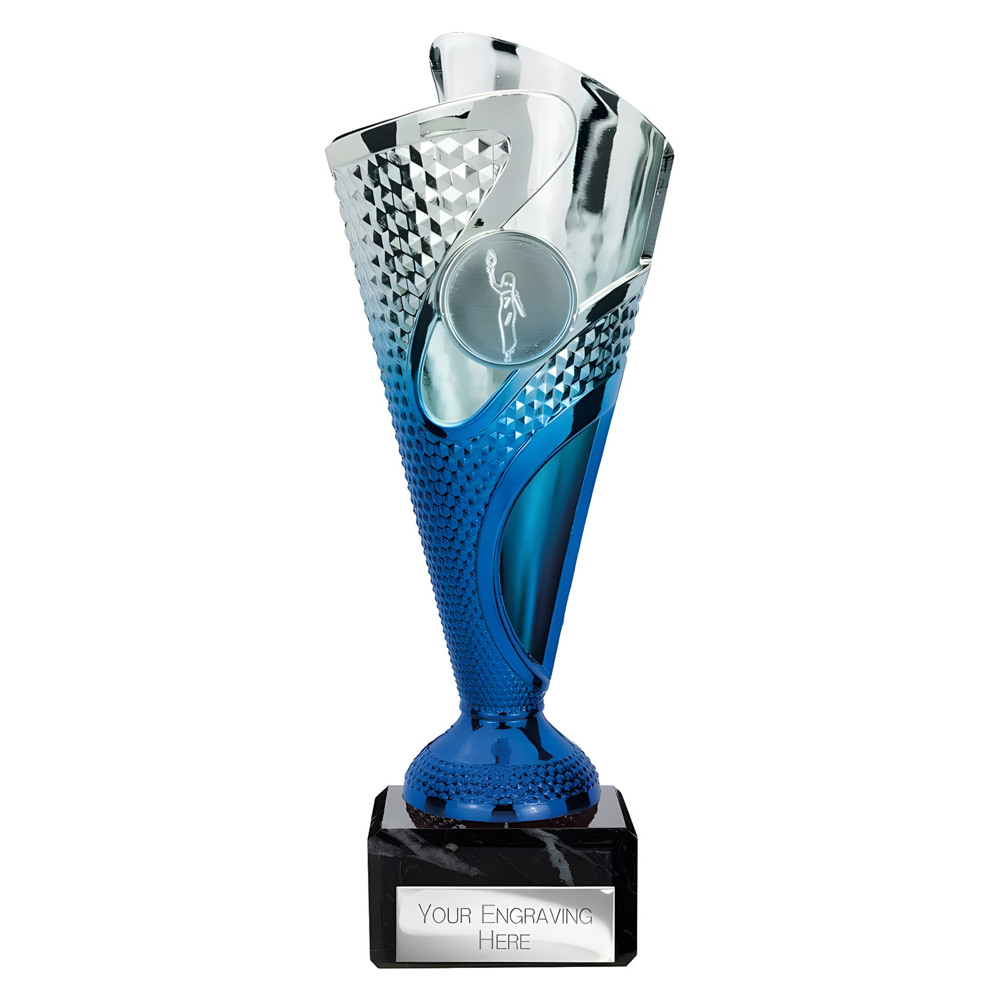Silver and blue rodeo trophy with customizable engraving on black base