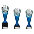Silver and blue rodeo trophies with customizable engraving plates on black bases