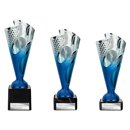 Silver and blue rodeo trophies with customizable engraving plates on black bases