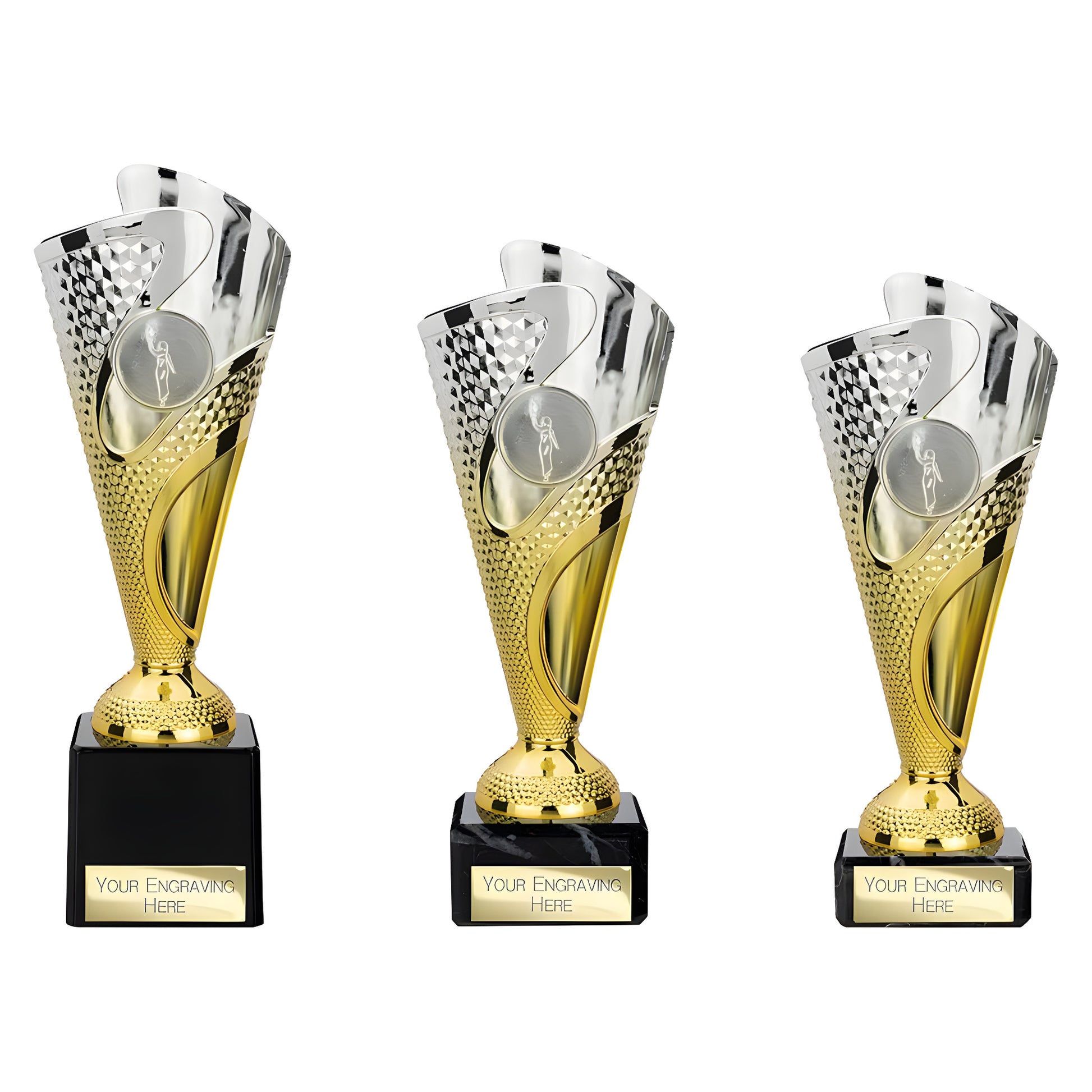 Three silver and gold modern sport trophies with customizable engravings and elegant design.
