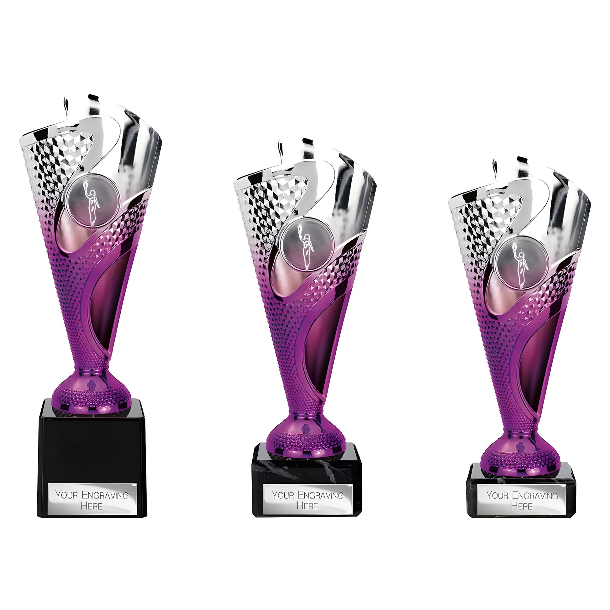 Silver and purple metallic sport trophies with engraving plates.