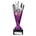 Silver and purple 185mm modern rodeo trophy with engraving plate on base.
