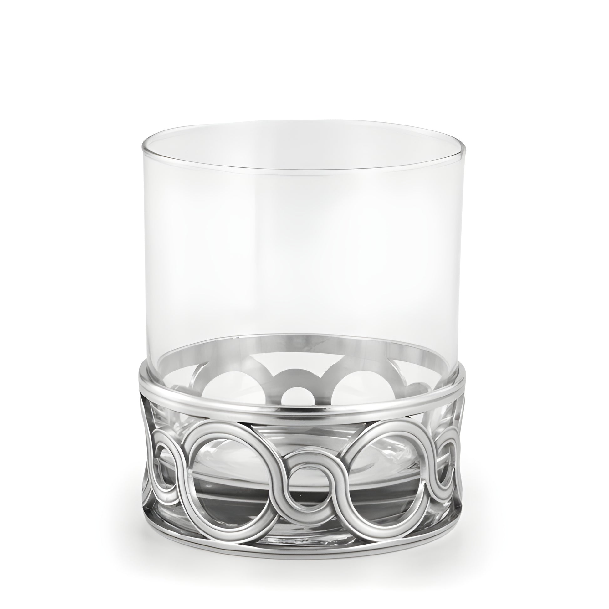 Clear whisky tumbler with decorative silver base design.