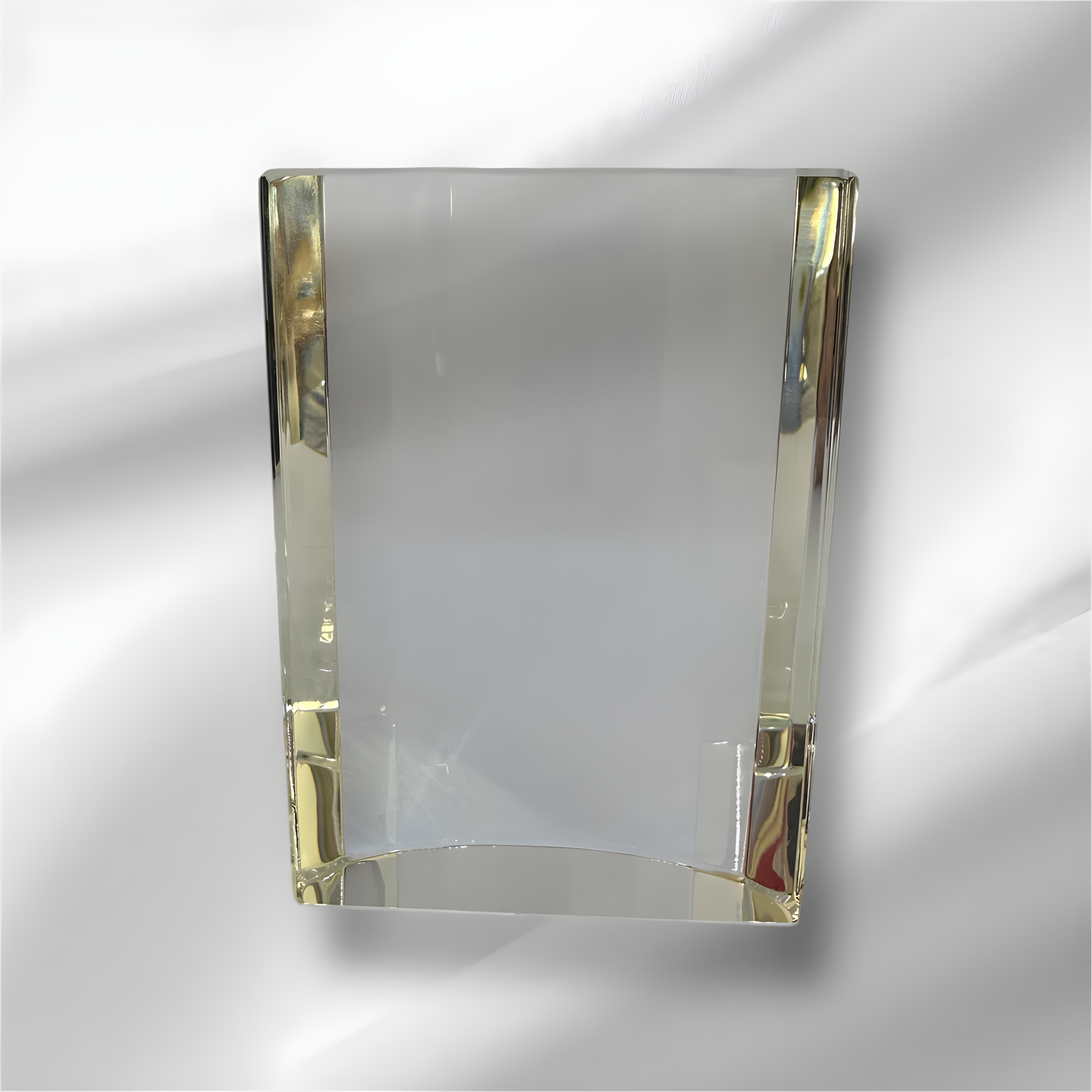 Clear rectangular scallop optic glass award on white background.