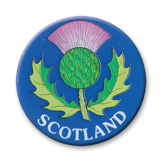 Scottish thistle emblem on a blue badge with 'Scotland' text.