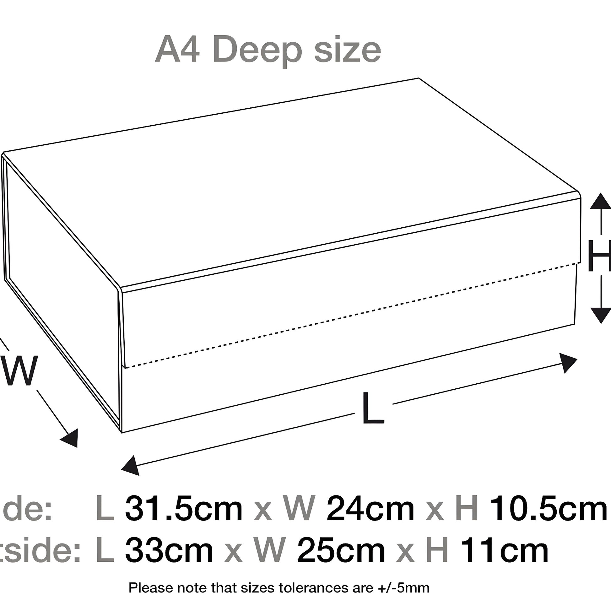 Diagram showing dimensions of a silver A4 deep gift box with changeable ribbon.