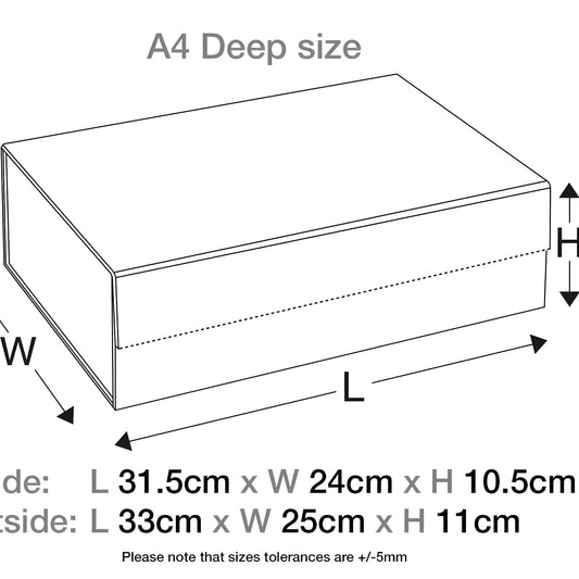 Diagram showing dimensions of a silver A4 deep gift box with changeable ribbon.