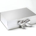 Silver gift box with changeable grey satin ribbon.