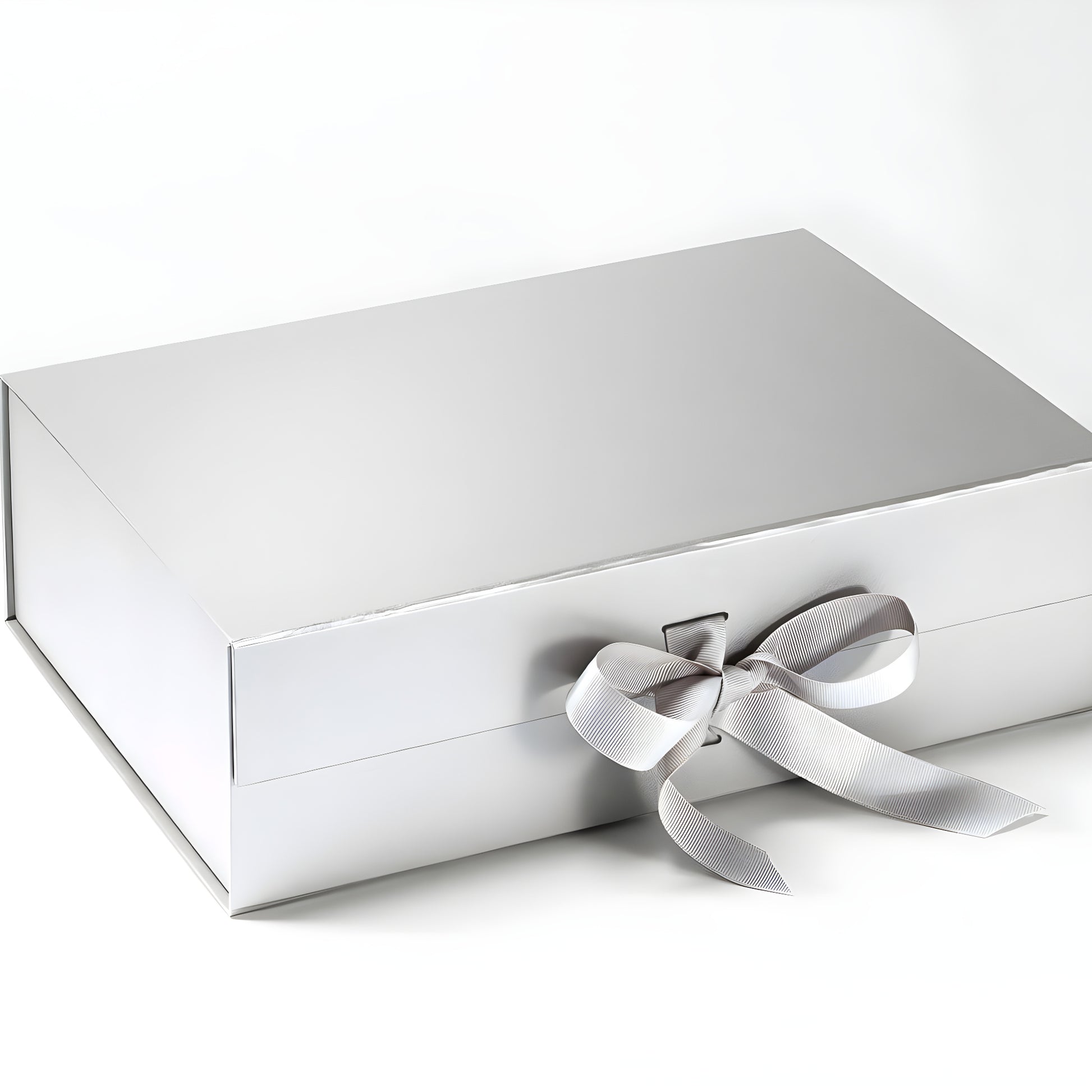 Silver gift box with changeable grey satin ribbon.