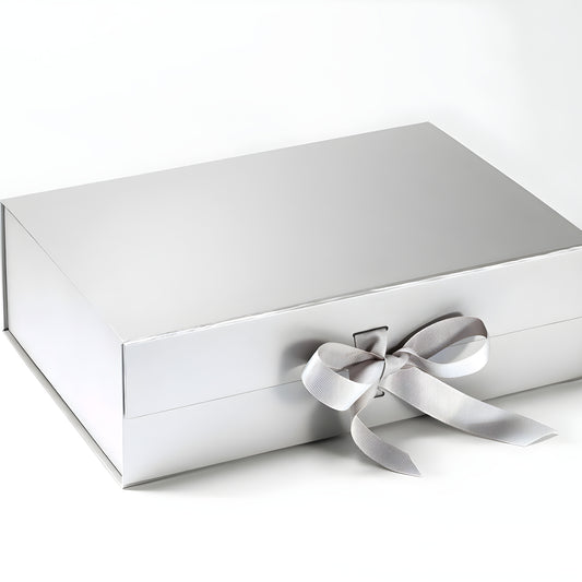 Silver gift box with changeable grey satin ribbon.