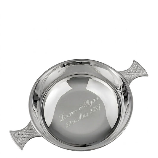 Example engraving (wedding): "Lauren & Ryan / 22nd May 2027" inside the Silver Plated Celtic Quaich Bowl