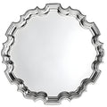 Ornate silver-plated round Chippendale salver tray with scalloped edges.