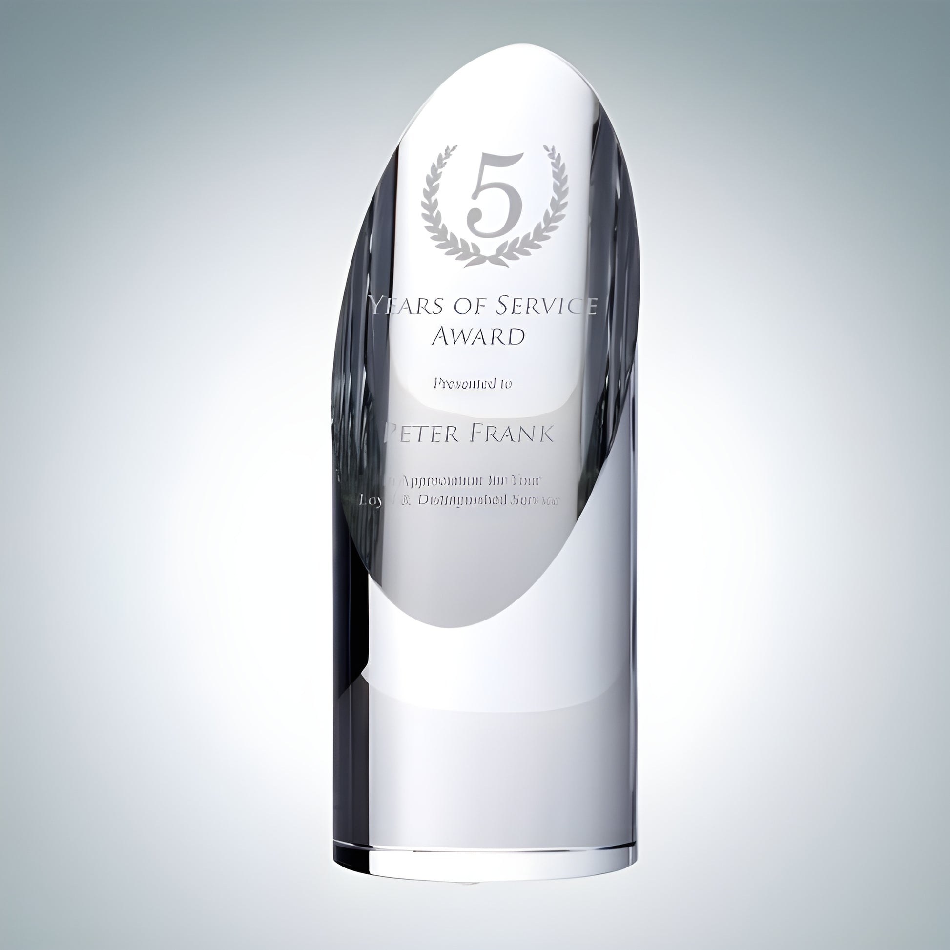 Crystal award for 5 years of service with engraved text and laurel design.