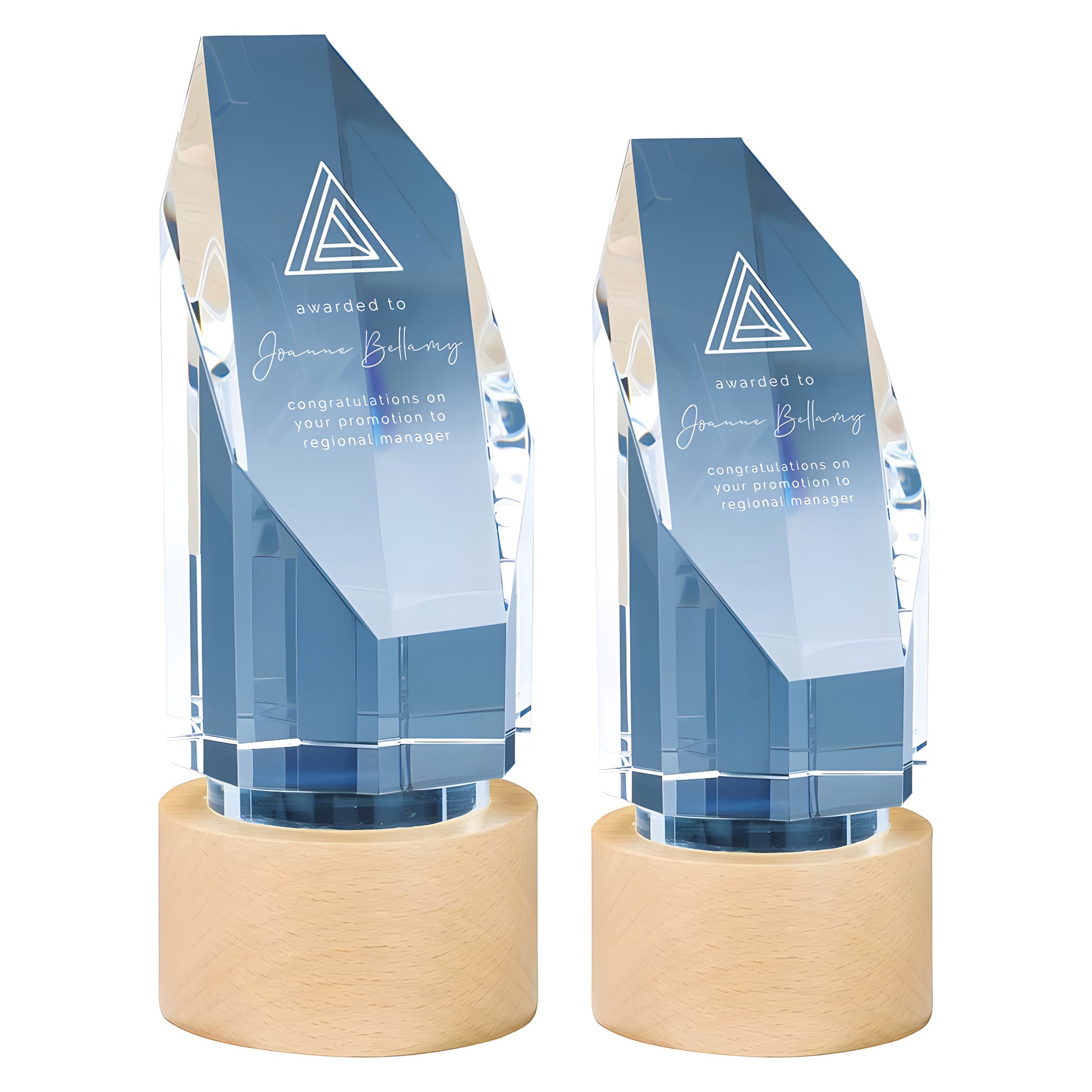 Clear glass awards with beechwood base, custom engraved for promotion recognition.