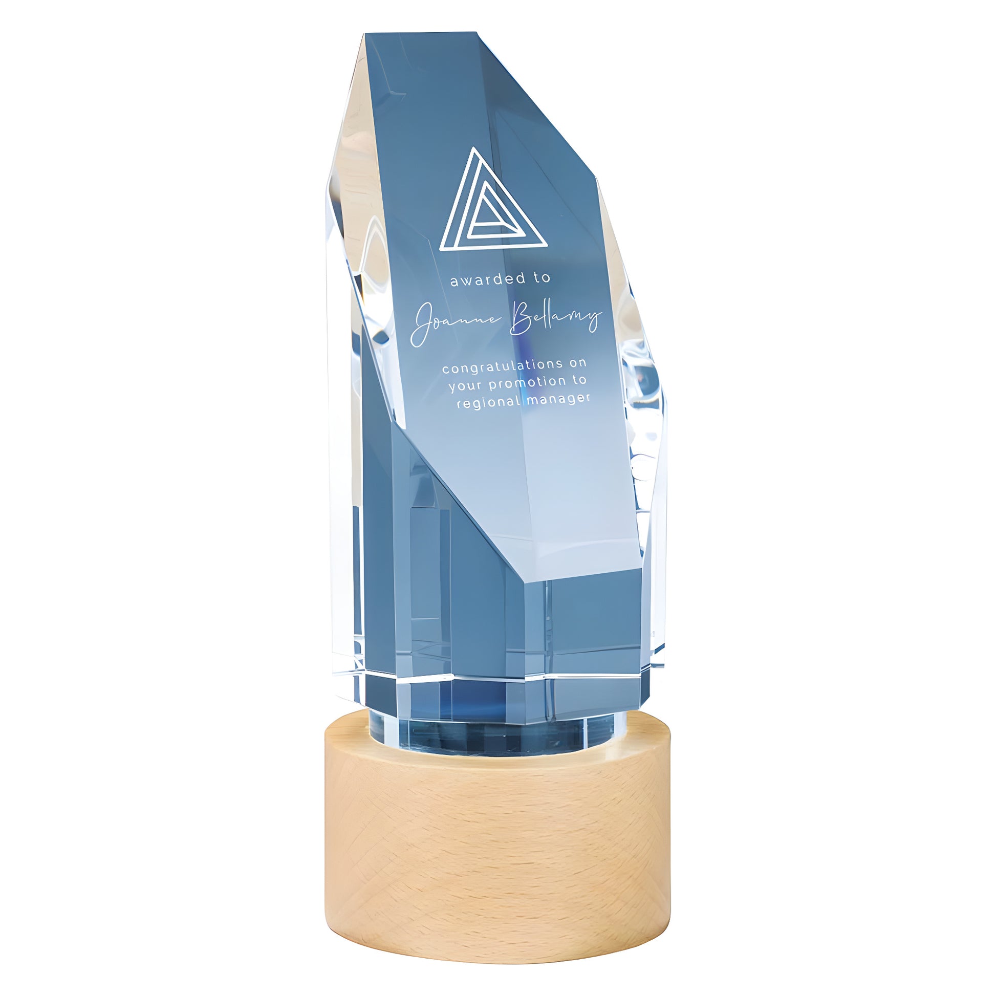 Custom glass award with beechwood base for recognition in blue tone.
