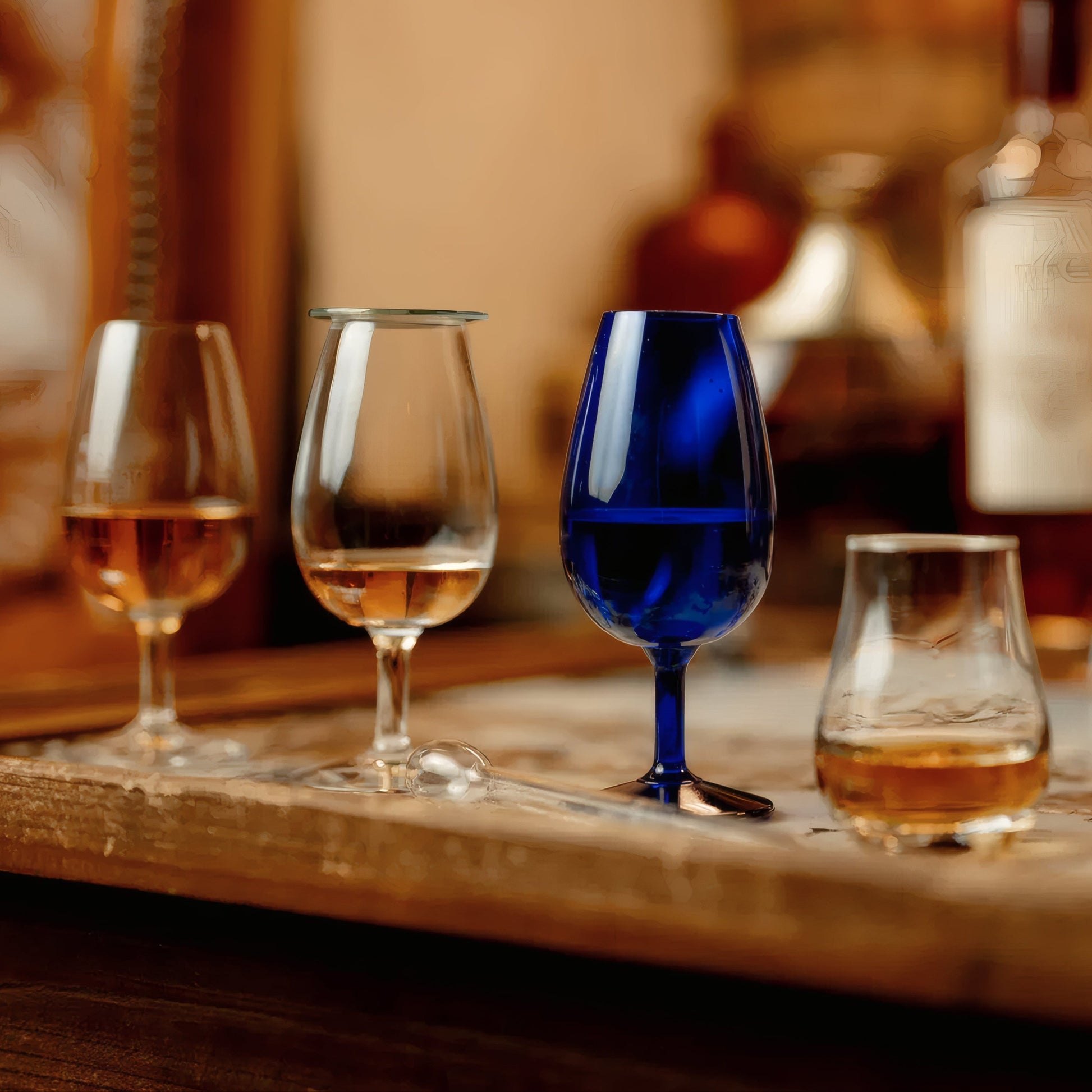 Assorted whisky tasting glasses on a wooden tray indoors