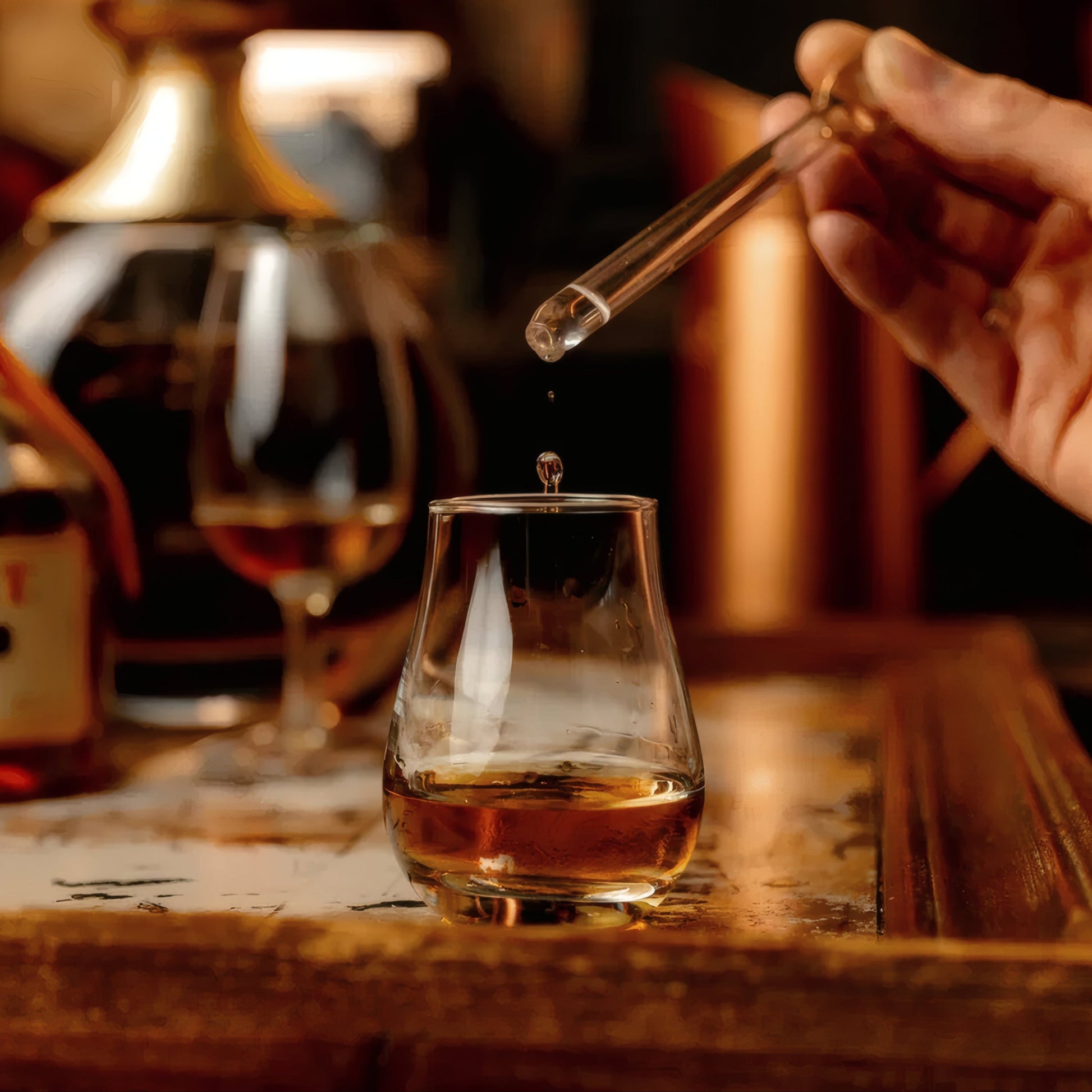Whiskey glass with pipette adding drop in a cozy bar.