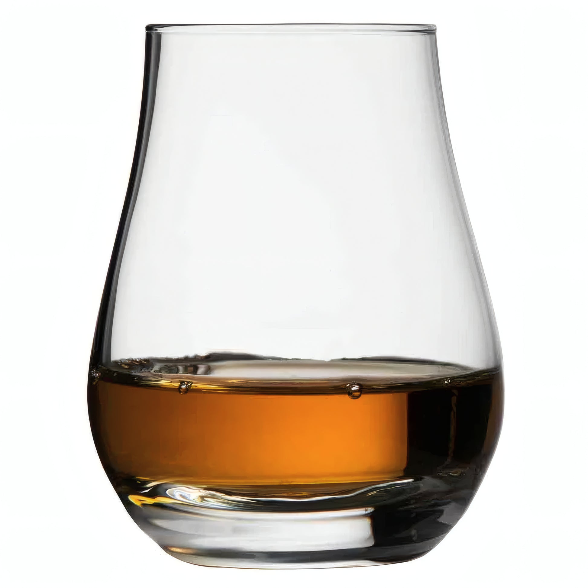 Single malt whisky in a Glencairn glass on white background.