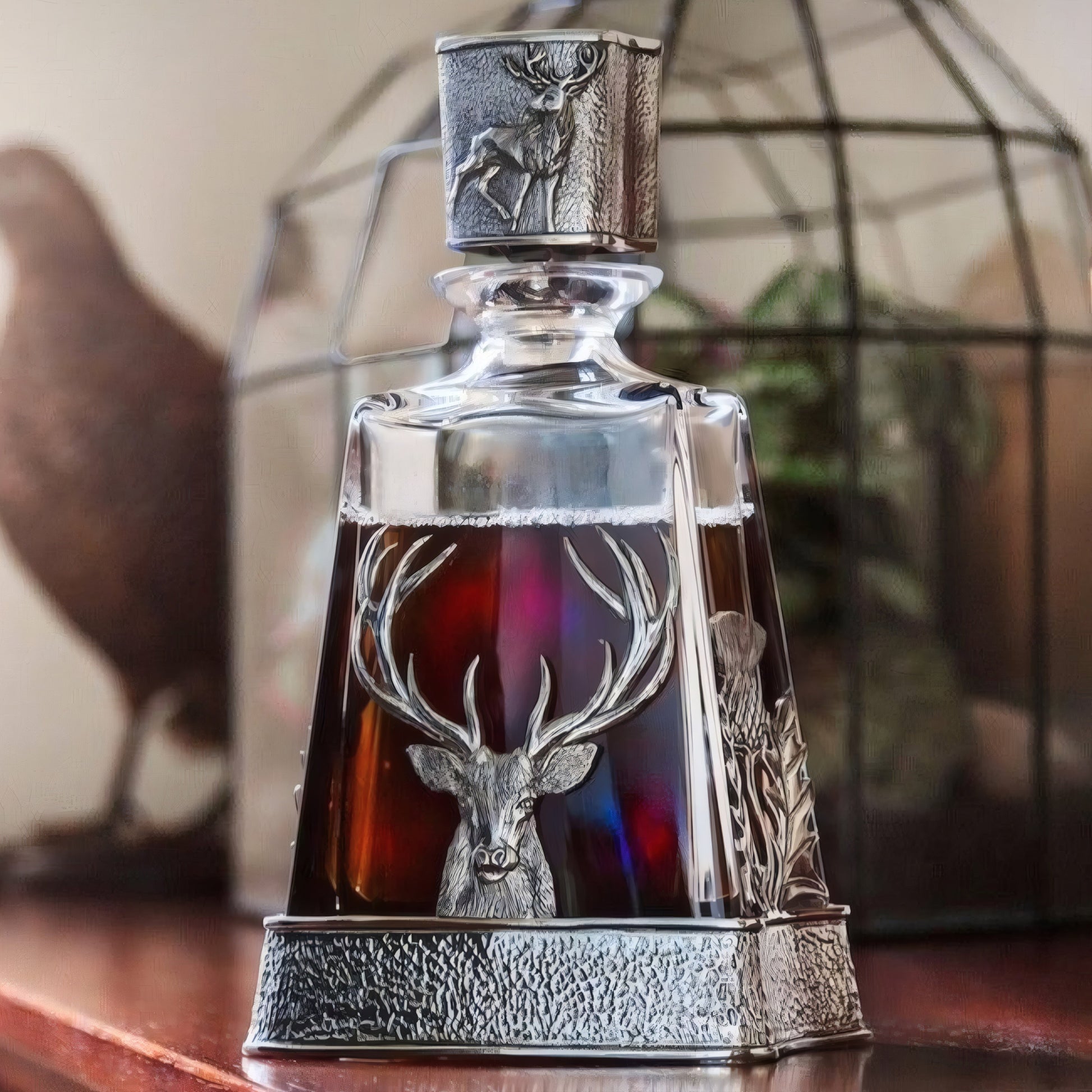 Decorative whisky decanter with stag and thistle emblem on wooden table.