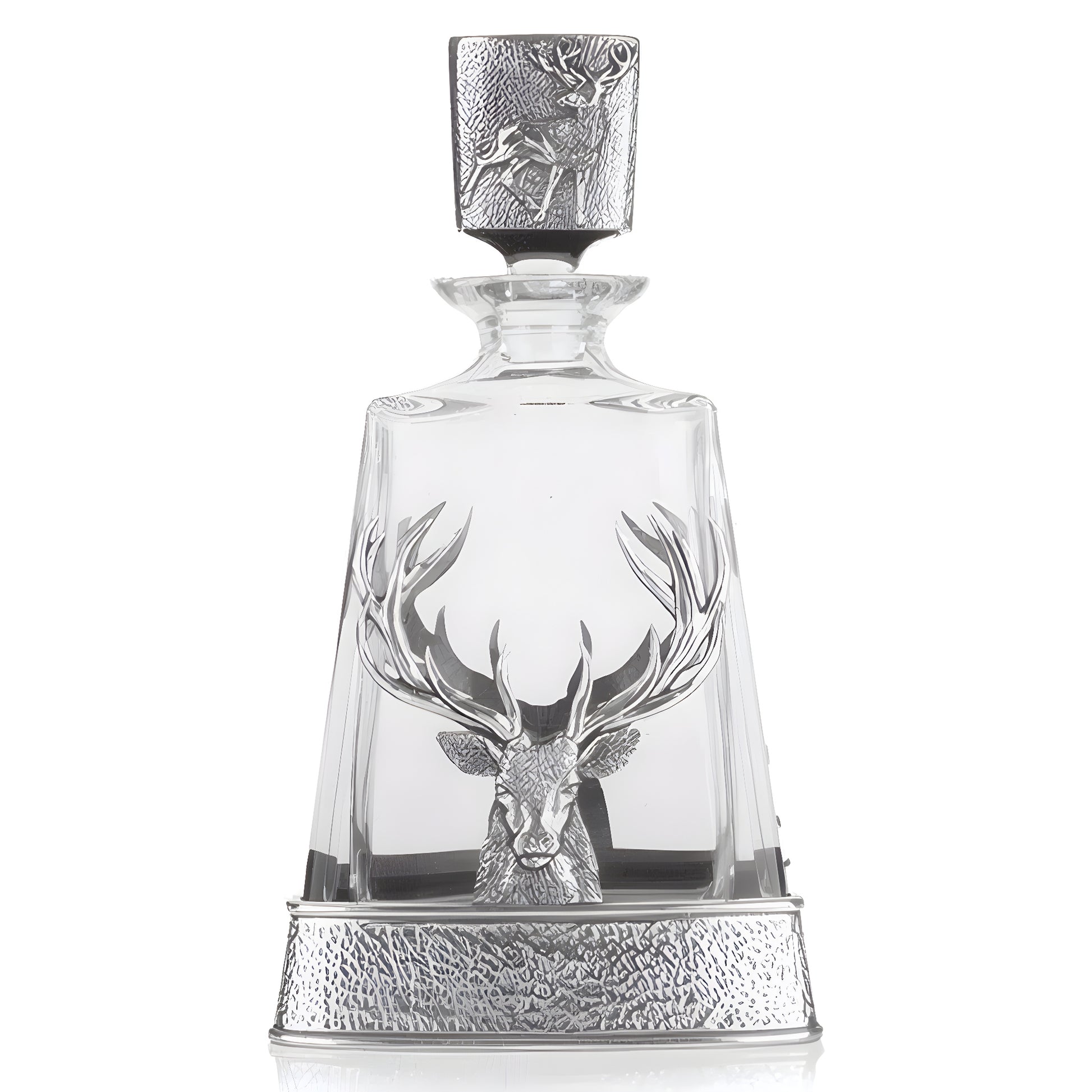 Crystal whisky decanter with engraved stag design and detailed stopper.