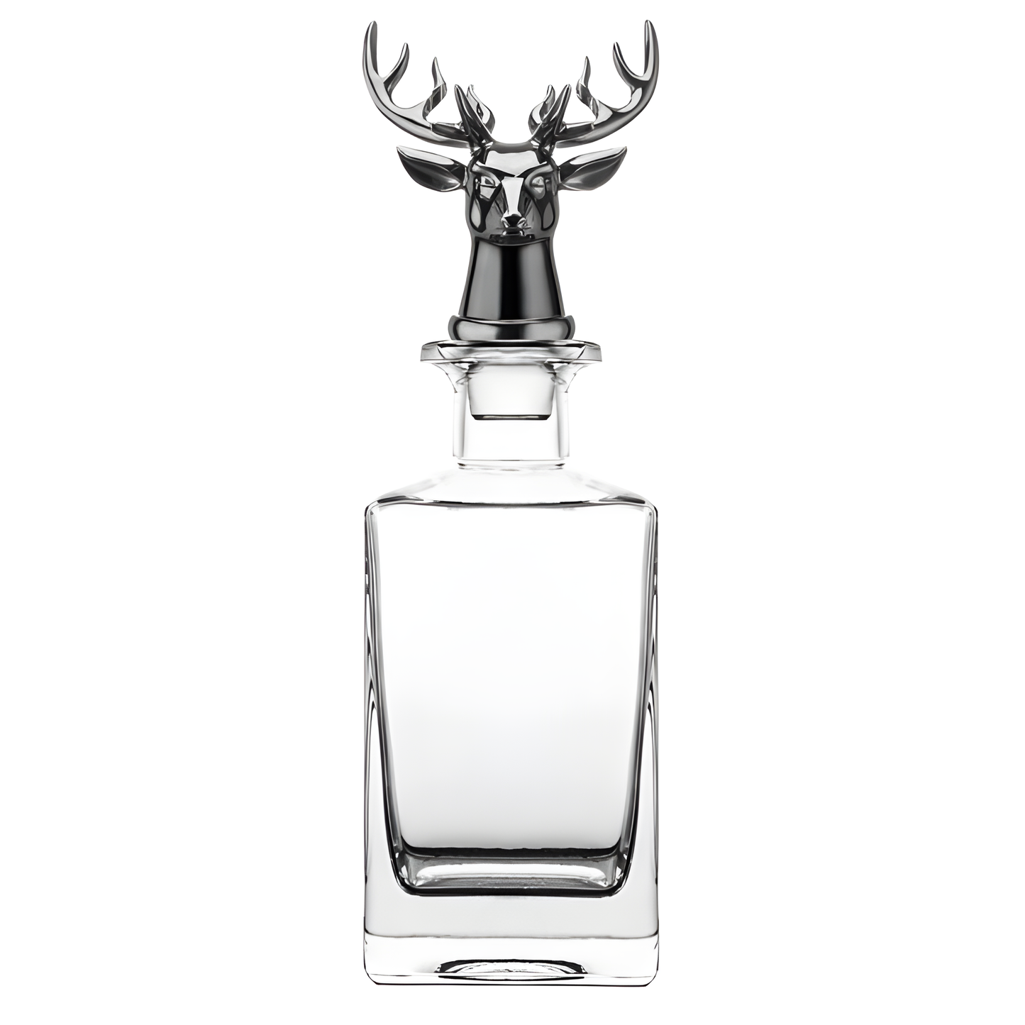 750ml square crystal whiskey decanter with deer head stopper.