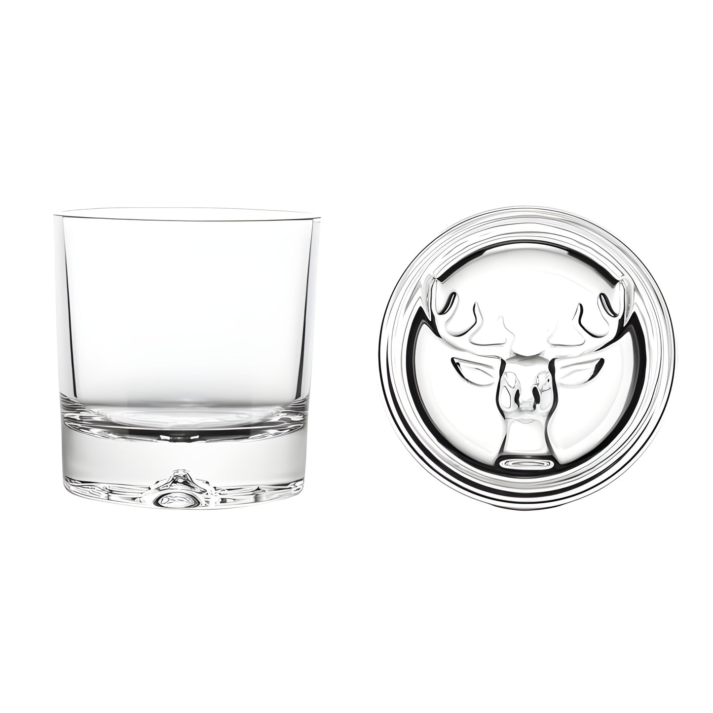320ml tumbler with stag design embossed on glass base.