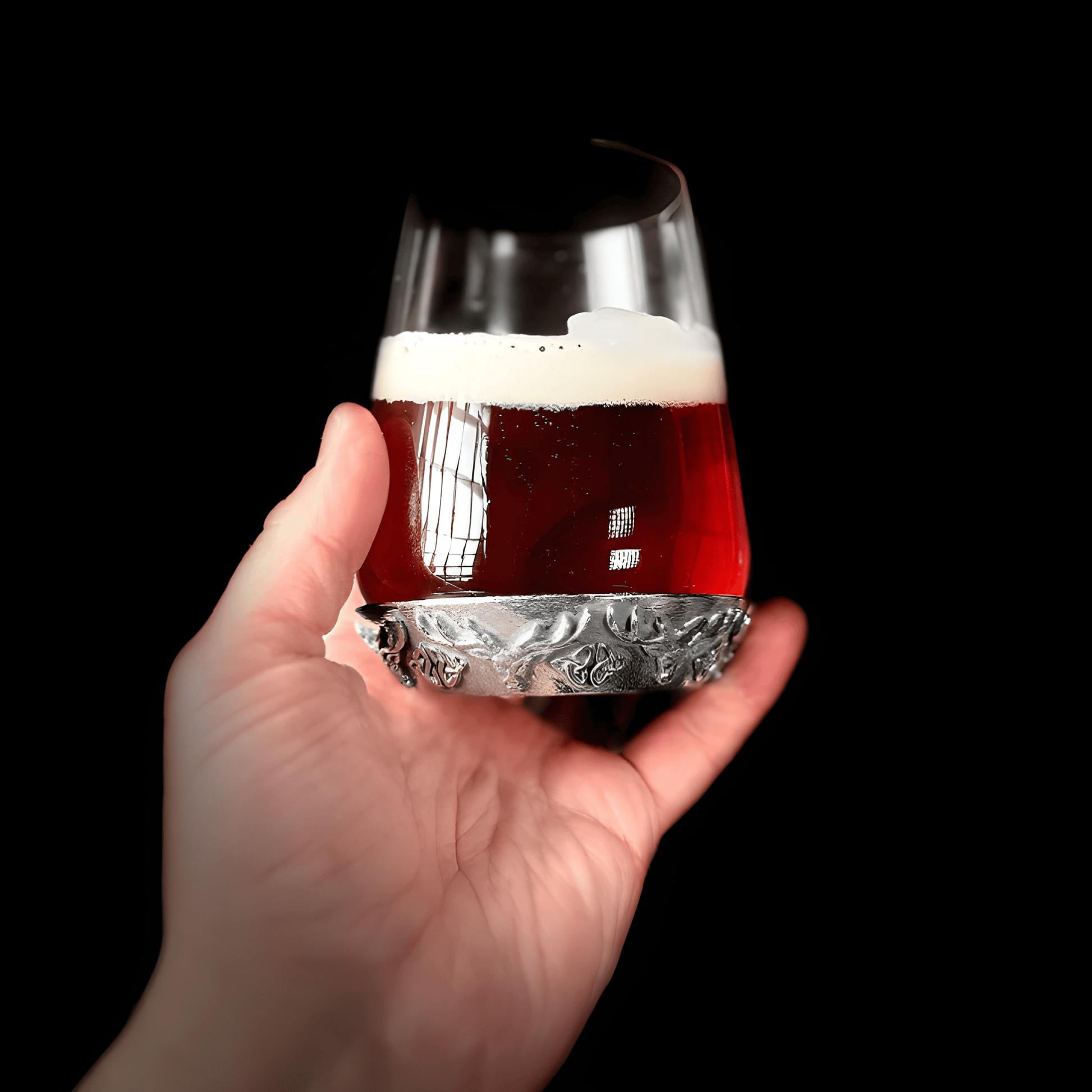Hand holding a handcrafted tumbler glass with dark ale.