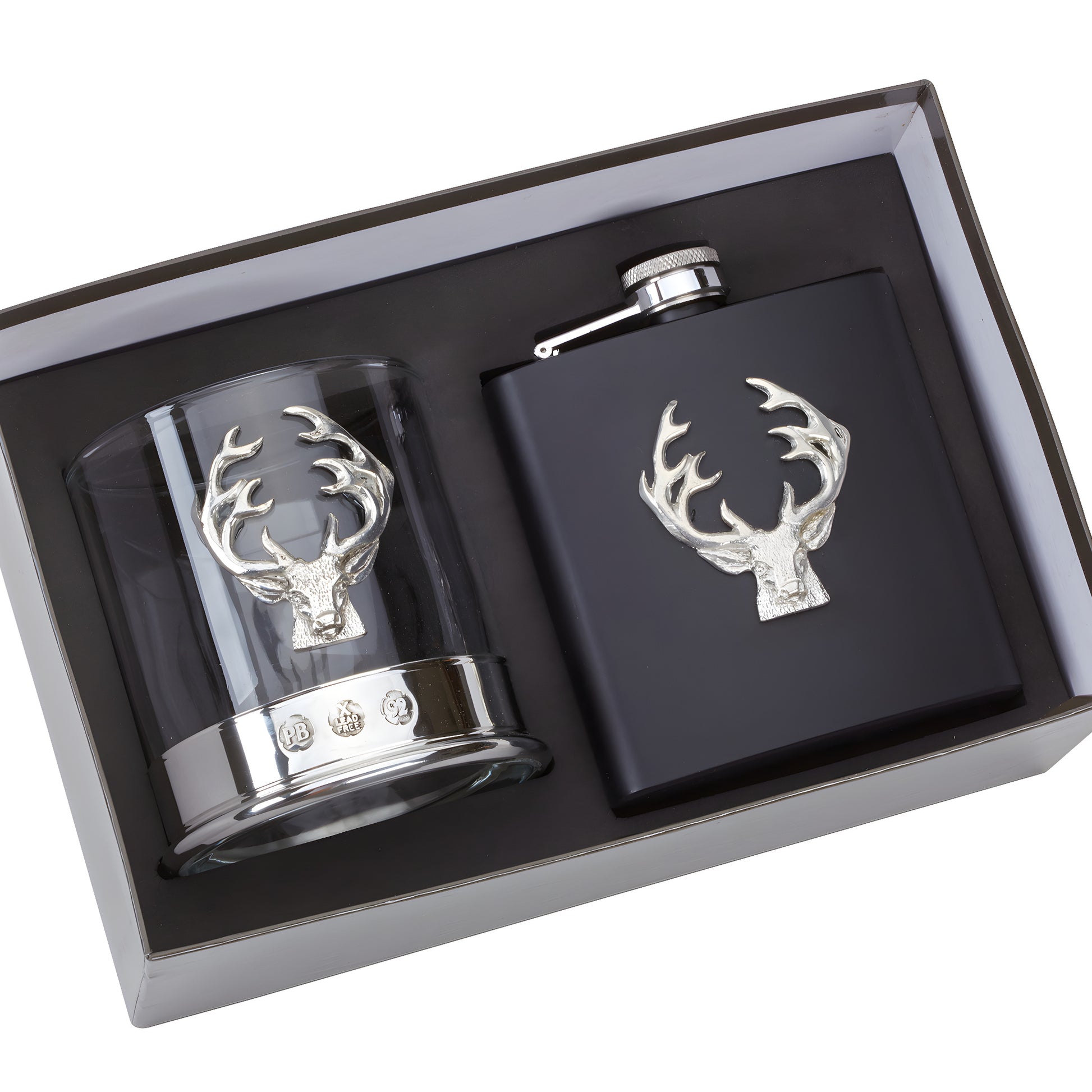 Stag antler design on whisky glass and hip flask gift set