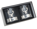 Pair of whisky glasses with silver stag head design in gift box.