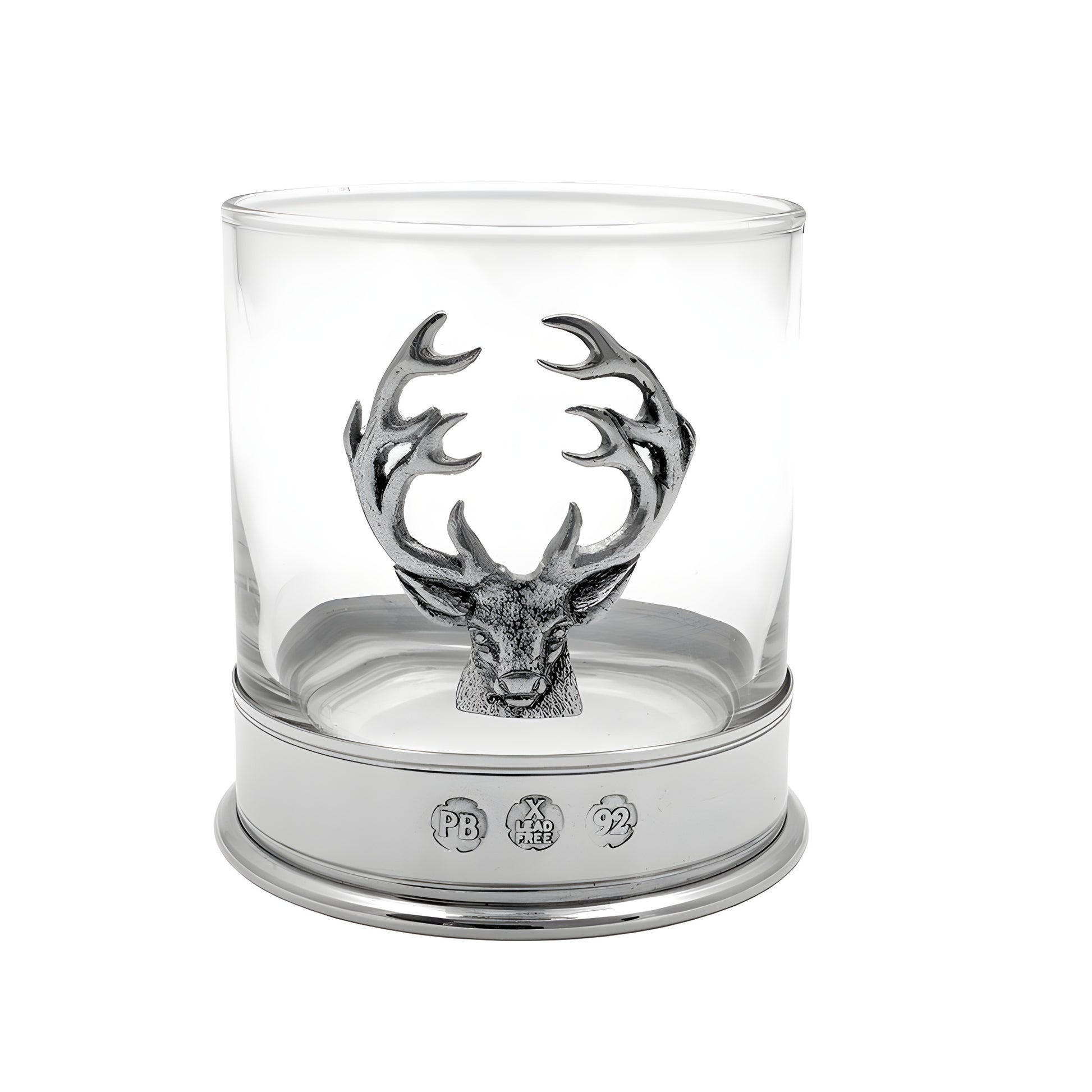 Whisky glass with pewter stag head decoration, clear tumbler design.