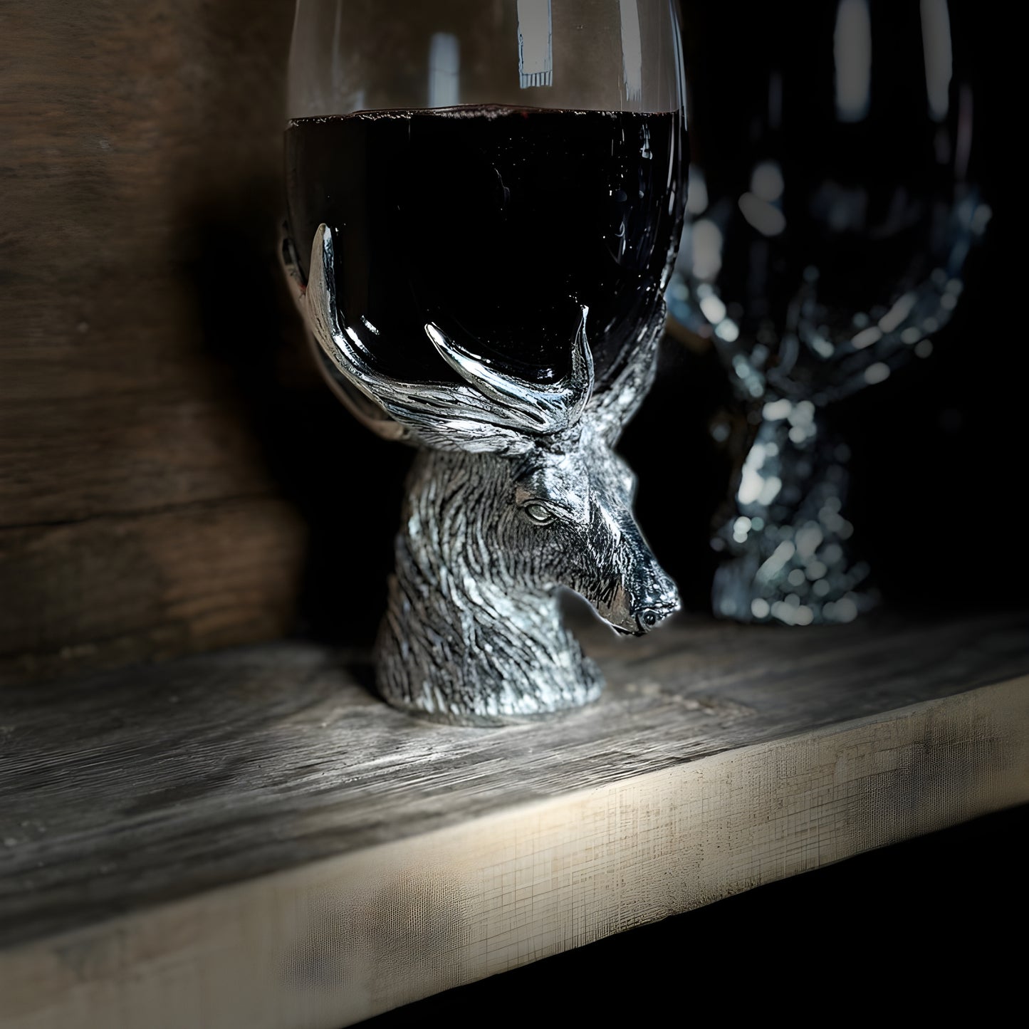 Decorative stag head wine glasses with silver antlers on wooden shelf.