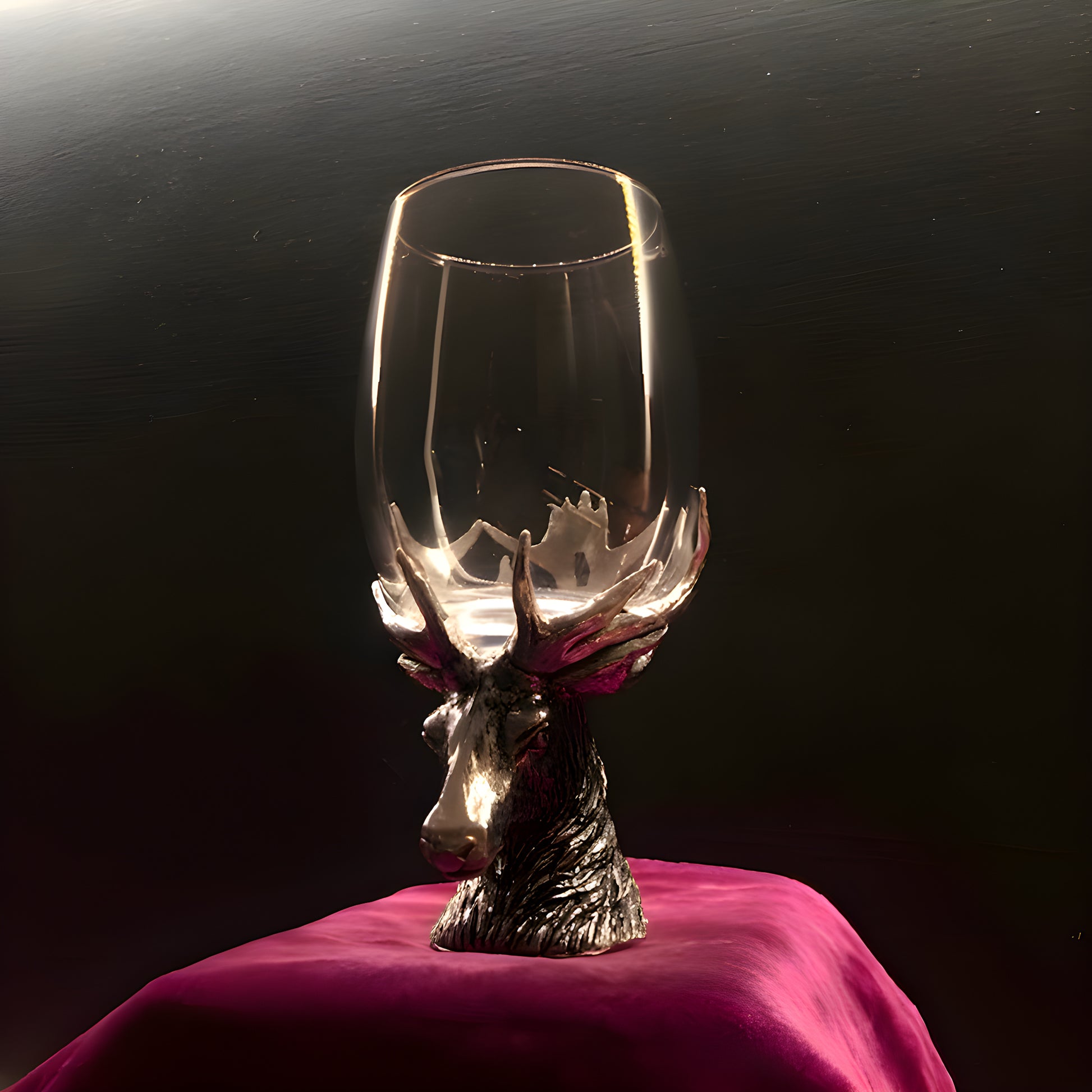 Wine glass with stag antler design on velvet cloth