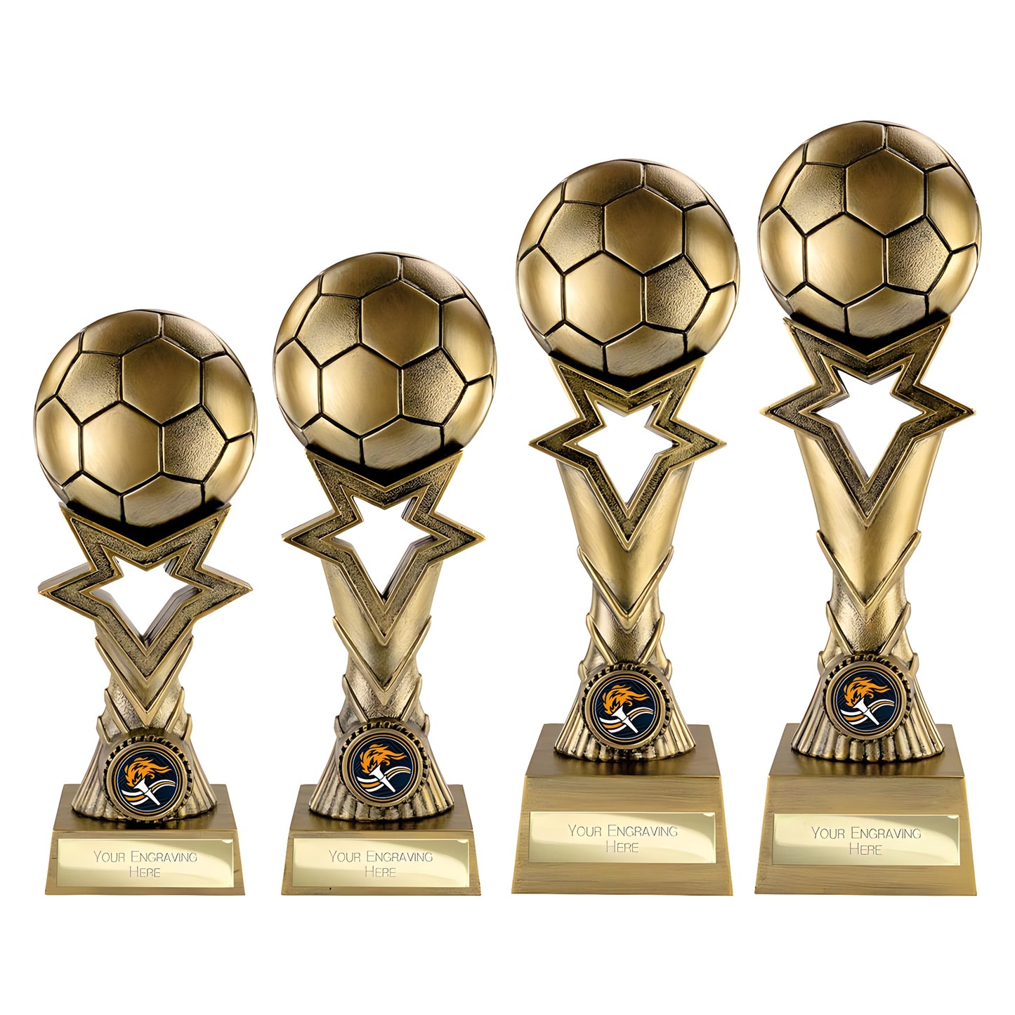 Set of four metallic gold soccer trophies with custom engraving options.