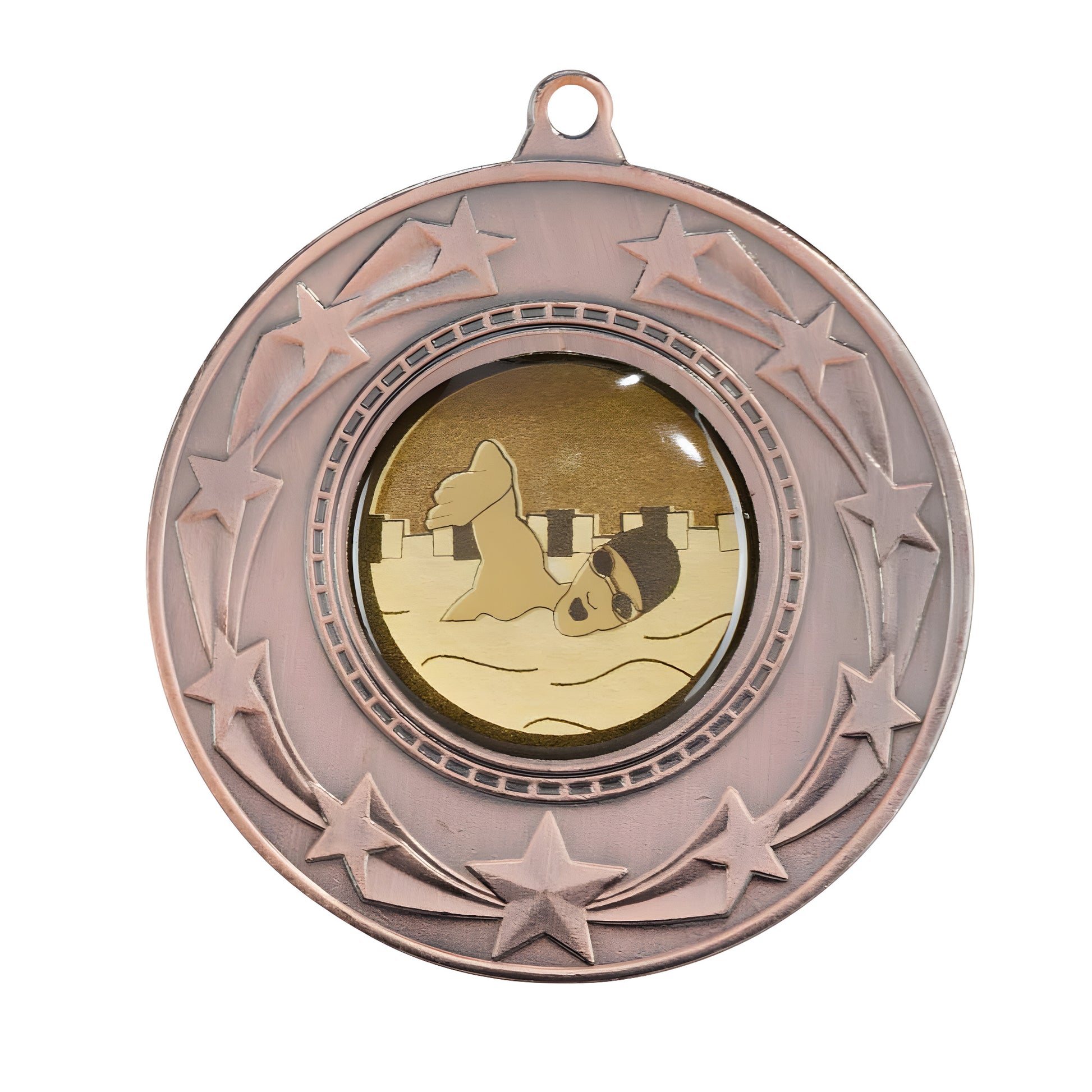 Bronze swimming medal with starburst design