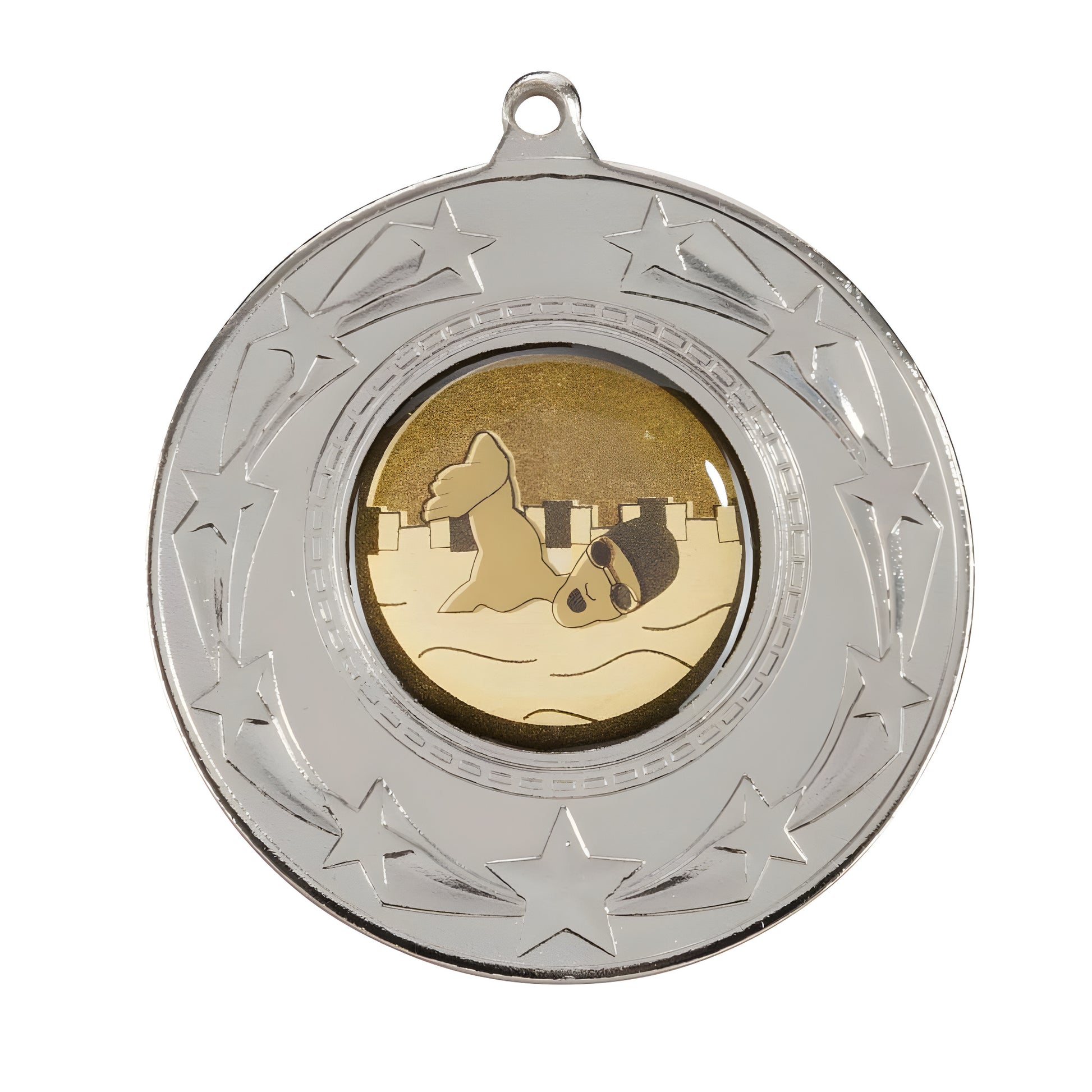 Silver swimming award medal with star design and swimmer illustration.