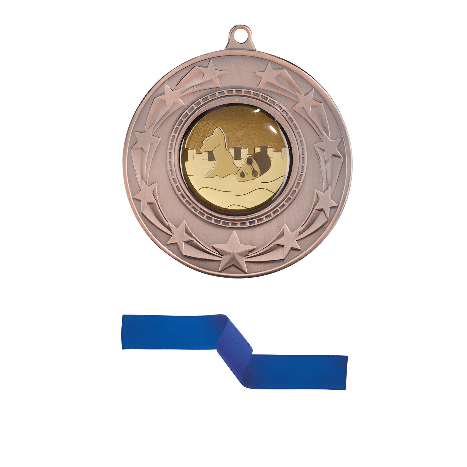 Rose gold medal with star design and soccer theme, paired with a detachable blue ribbon.