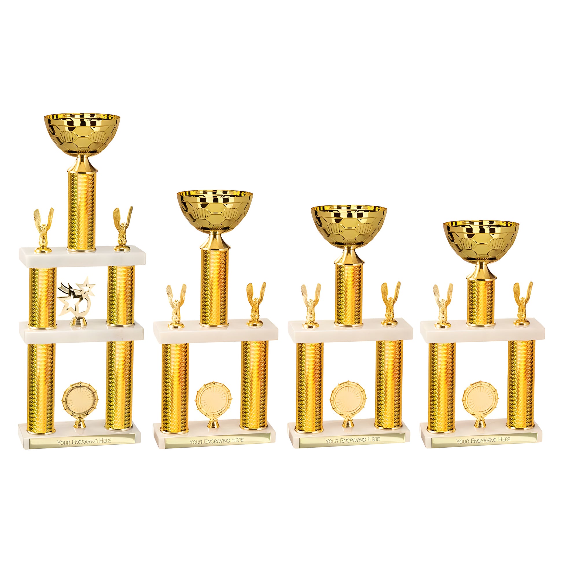 Set of four gold champion tower trophies with customizable engraving plates.