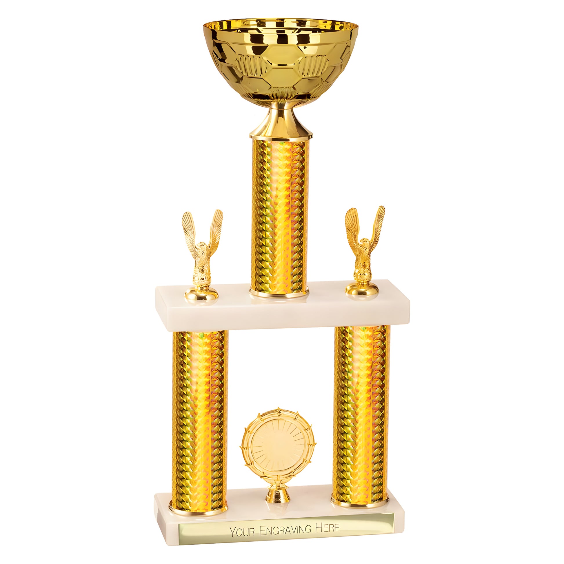 Golden trophy with eagle figures and engraving space.