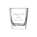 Example engraving (birthday): "Happy 60th / Dad / 1967 - 2027" on the Stephanie Square Whisky Glass