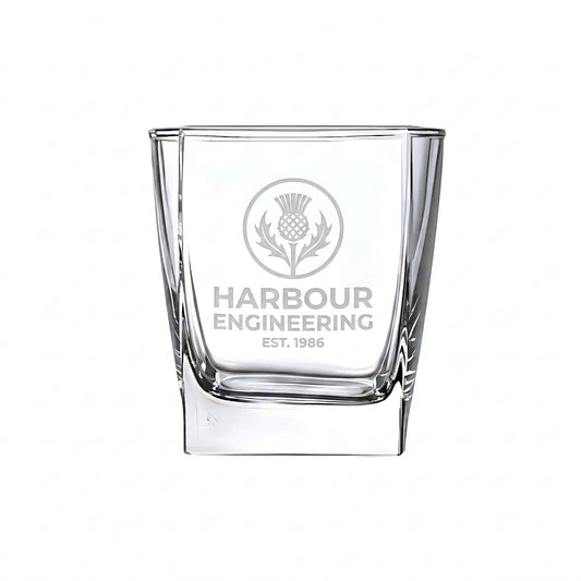 Example engraving (company logo): "HARBOUR ENGINEERING / EST. 1986" on the Stephanie Square Whisky Glass