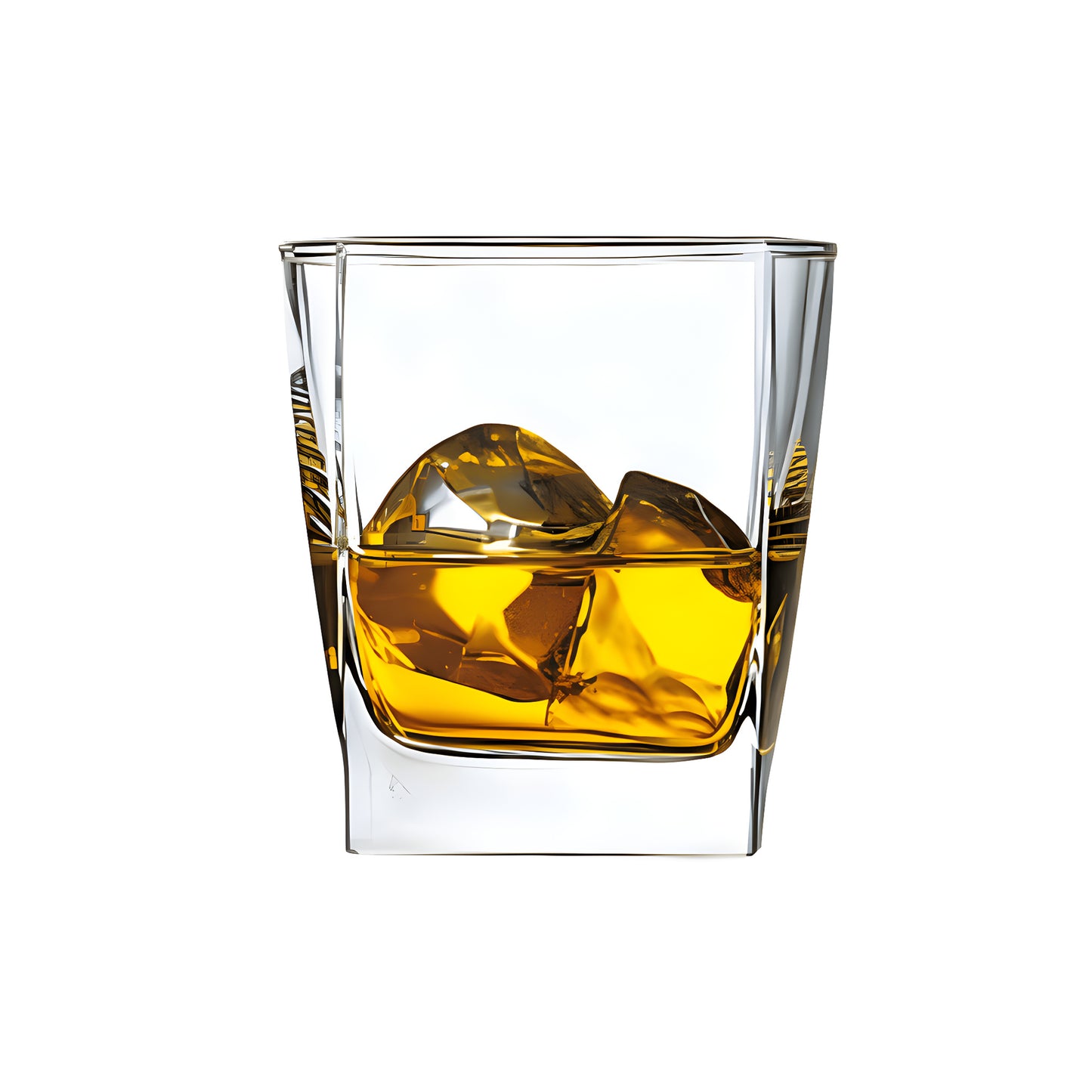 Square whisky glass with ice and bourbon.