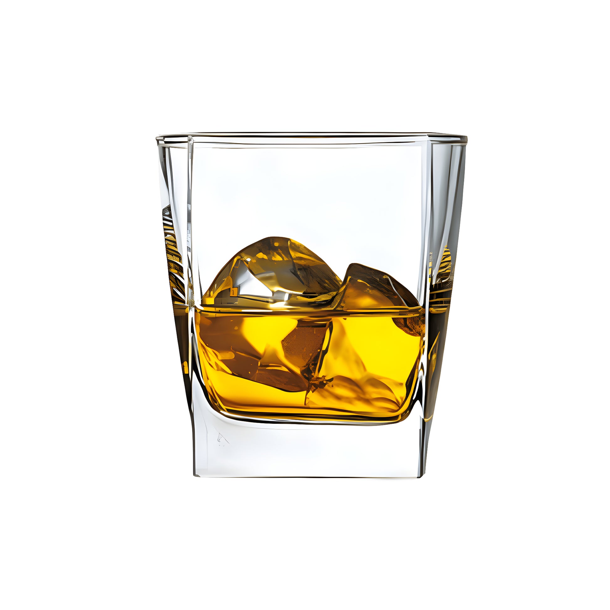 Square whisky glass with ice and bourbon.